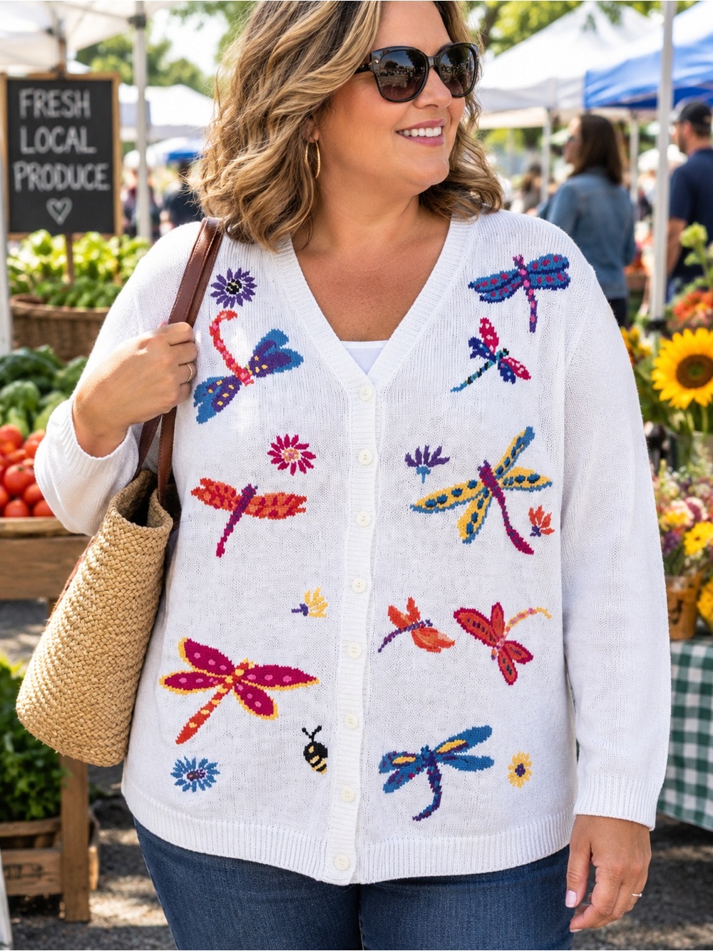 Quacker Factory Women Sz 2X?White w Multi Colored Dragonflies Knit VTG Cardigan